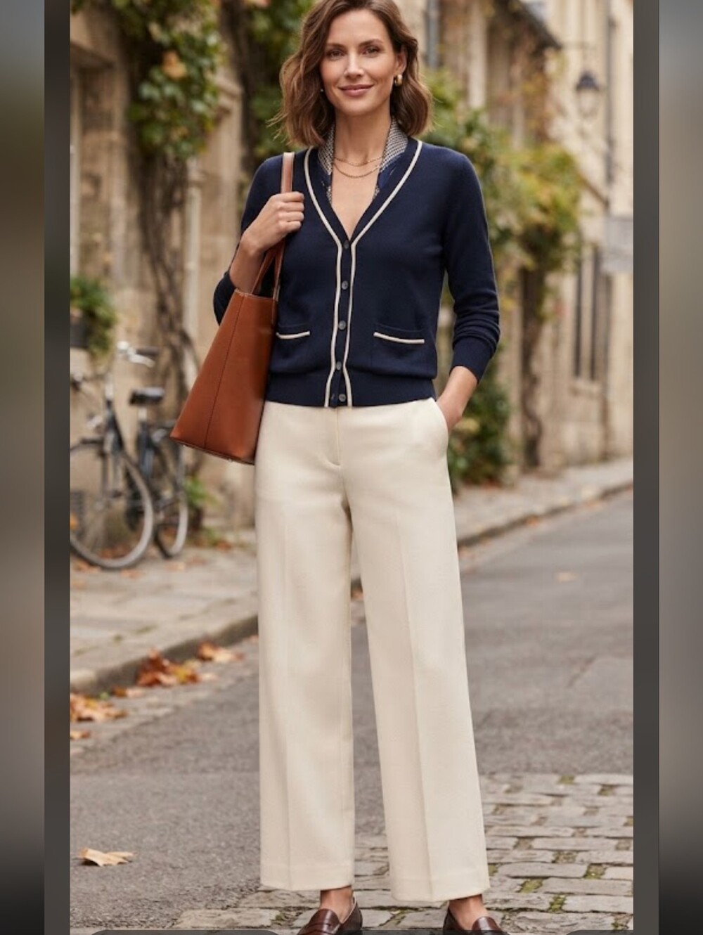 J. Crew navy blue merino wool cardigan with tan trim Size M